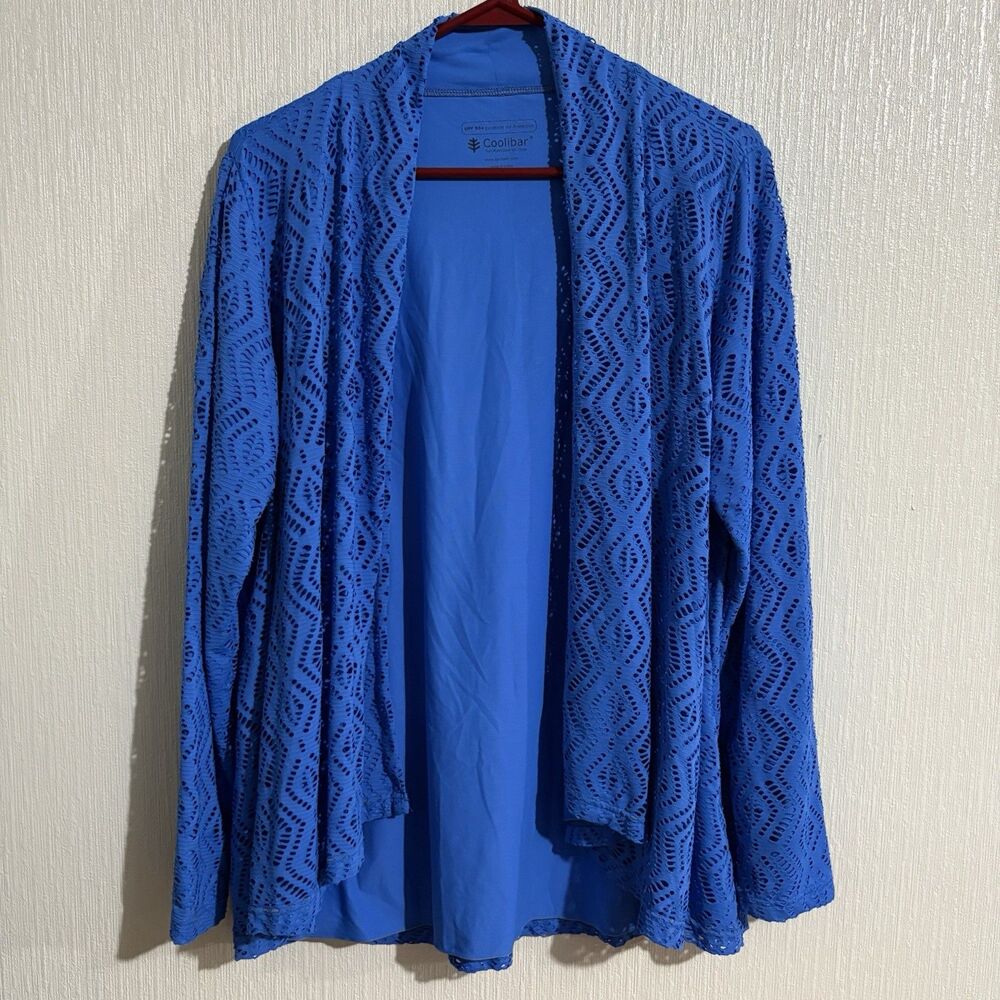 Coolibar Women's Marietas Sun Wrap Blue UPF 50+ Open Front Shawl Cardigan Swim L